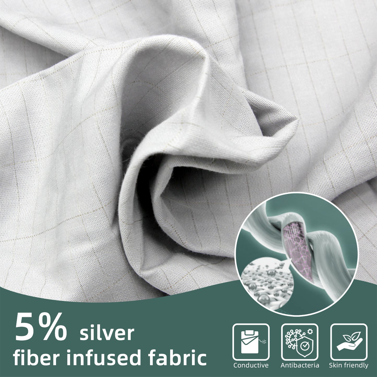 Grounding Half Sheet with 5% Silver Fiber – 90×265cm Conductive Earthing Bed Sheet for Better Sleep & EMF Relief – Includes Grounding Cord – Skin-Friendly Cotton(5%half sheet)