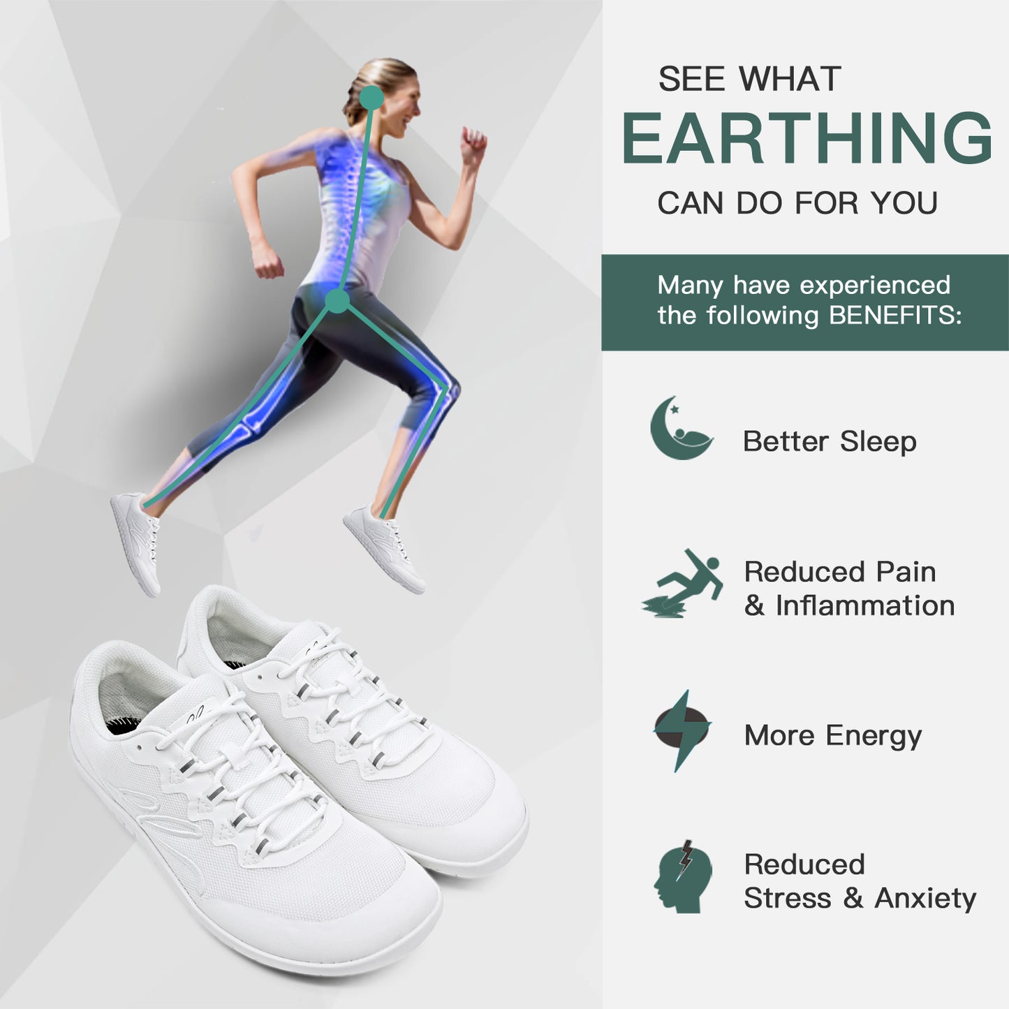 earthinglife Barefoot Grounding Shoes Lace Up Wide Toe Box Conductive Flexible Outsole Zero Drop Connect to Earth More Energy Reduce Stress Enhancing Movement Better Sleep Pain Relief(7702)