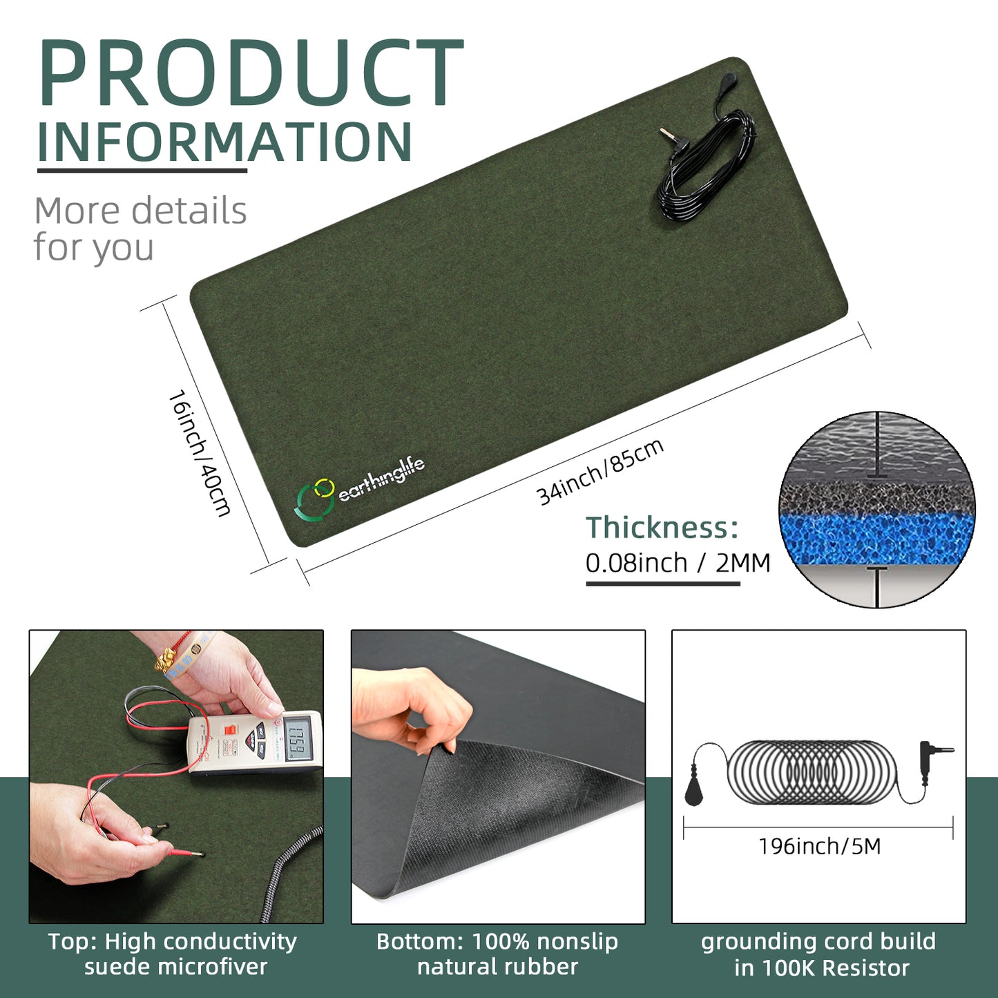 Earthinglife Premium Grounding Mat for Foot&Desk Use High Condcutive Suede Microfiber Soft Touch Skin Friendly Durable Material with Grounding Cord for Home&Office (suede microfiber mat)